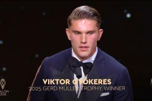 58场63球！官方：约克雷斯获2025盖德·穆勒奖，当选年度最佳前锋